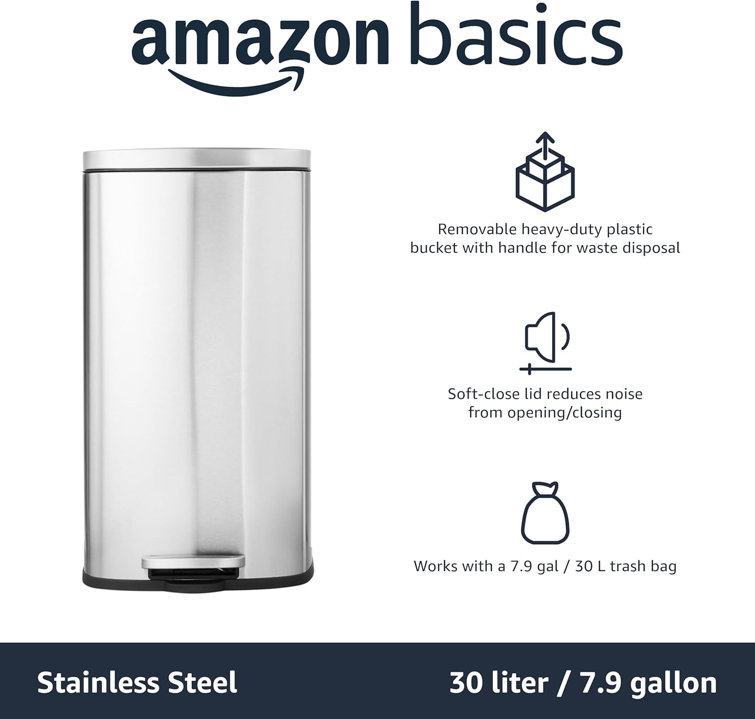 Amazon Basics Rectangular Kitchen Bin With Steel Bar Pedal, Soft-Closing Mechanism For Home and Office Use, 30 Litre/7.9 Gallon, Satin Nickel Finish - Image 5