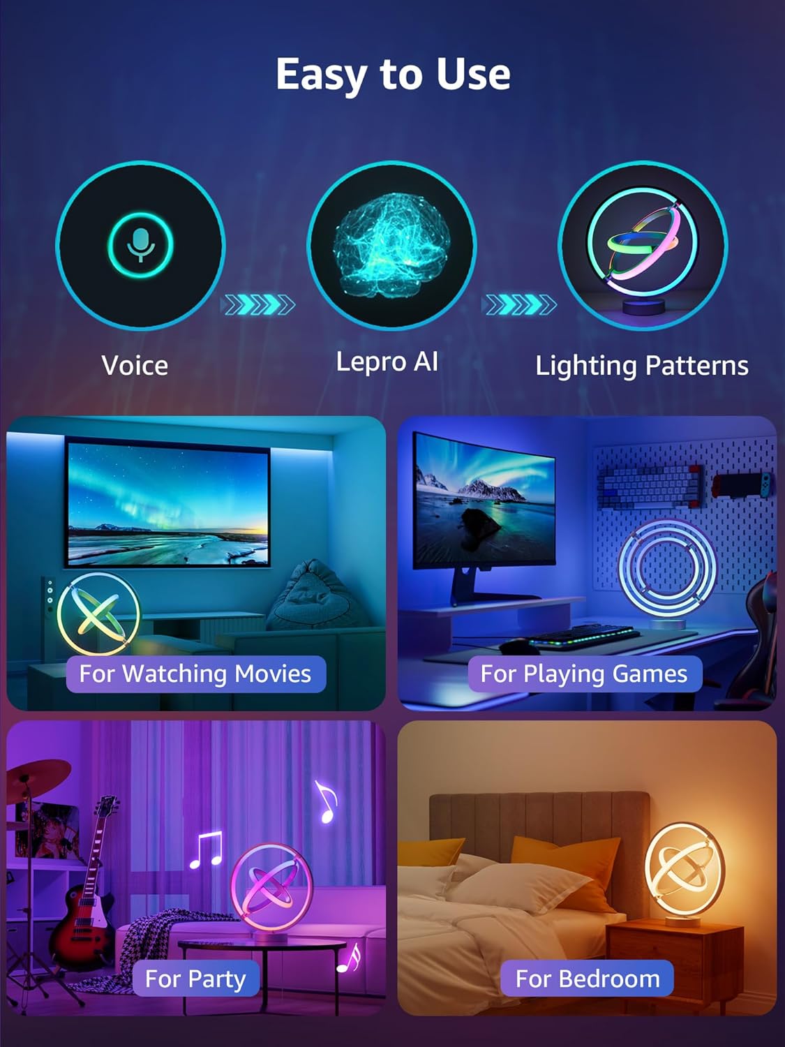 Lepro TB1 AI Table Lamp, Smart LED Lamp with Music Sync, Personalized AI Lighting Designer, Gift, Colour Changing DIY, Voice Cotrol, Works with Alexa & Google Assistant, Bluetooth & 2.4GHz WiFi - Image 4