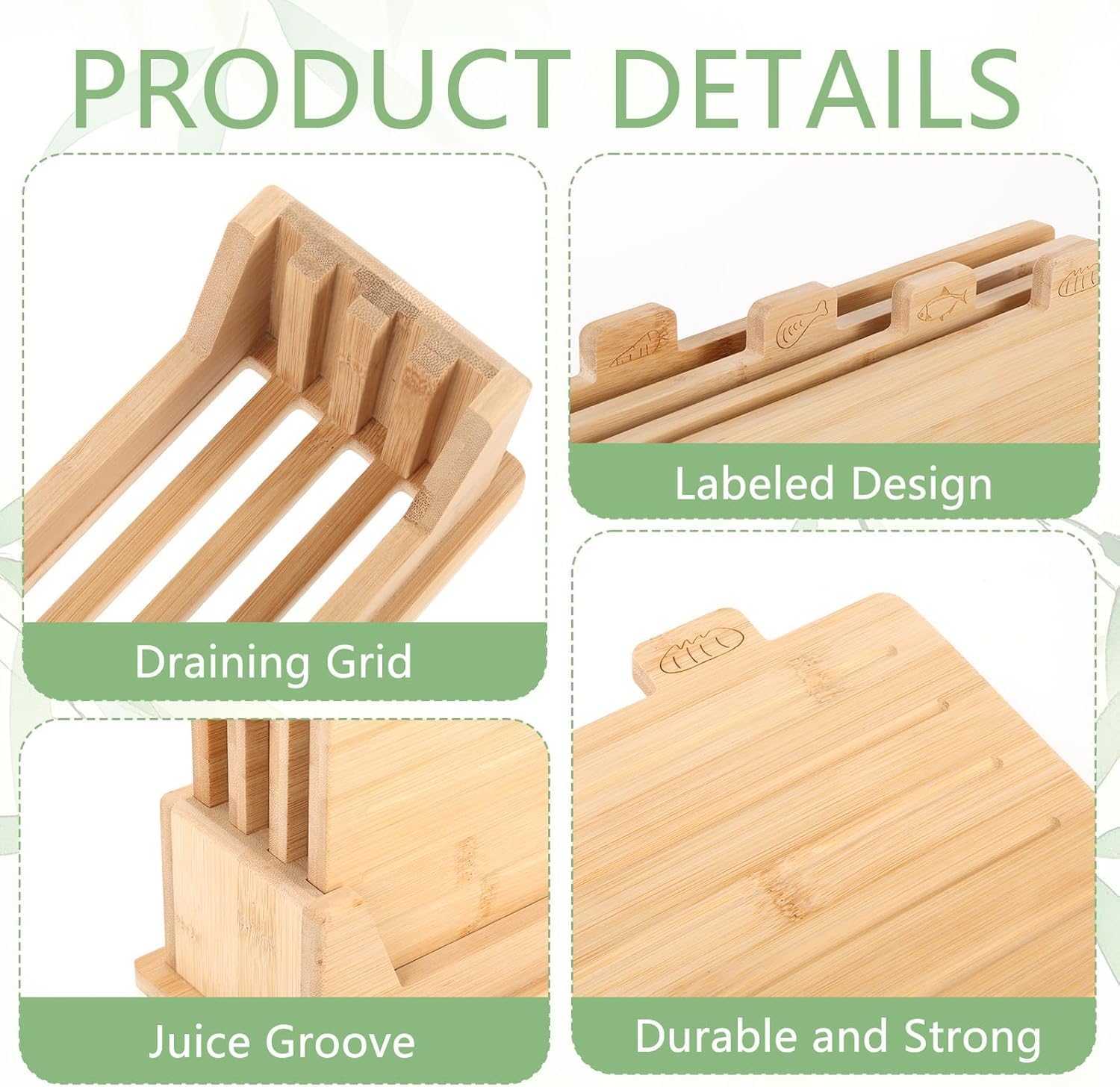 Bamboo Cutting Board Set of 4, Wooden Chopping Board with Storage Holder, 32x22cm Chopping Boards Set with Food Icons for Meat, Fish, Bread, Vegetable, Fruit Chopping - Image 3