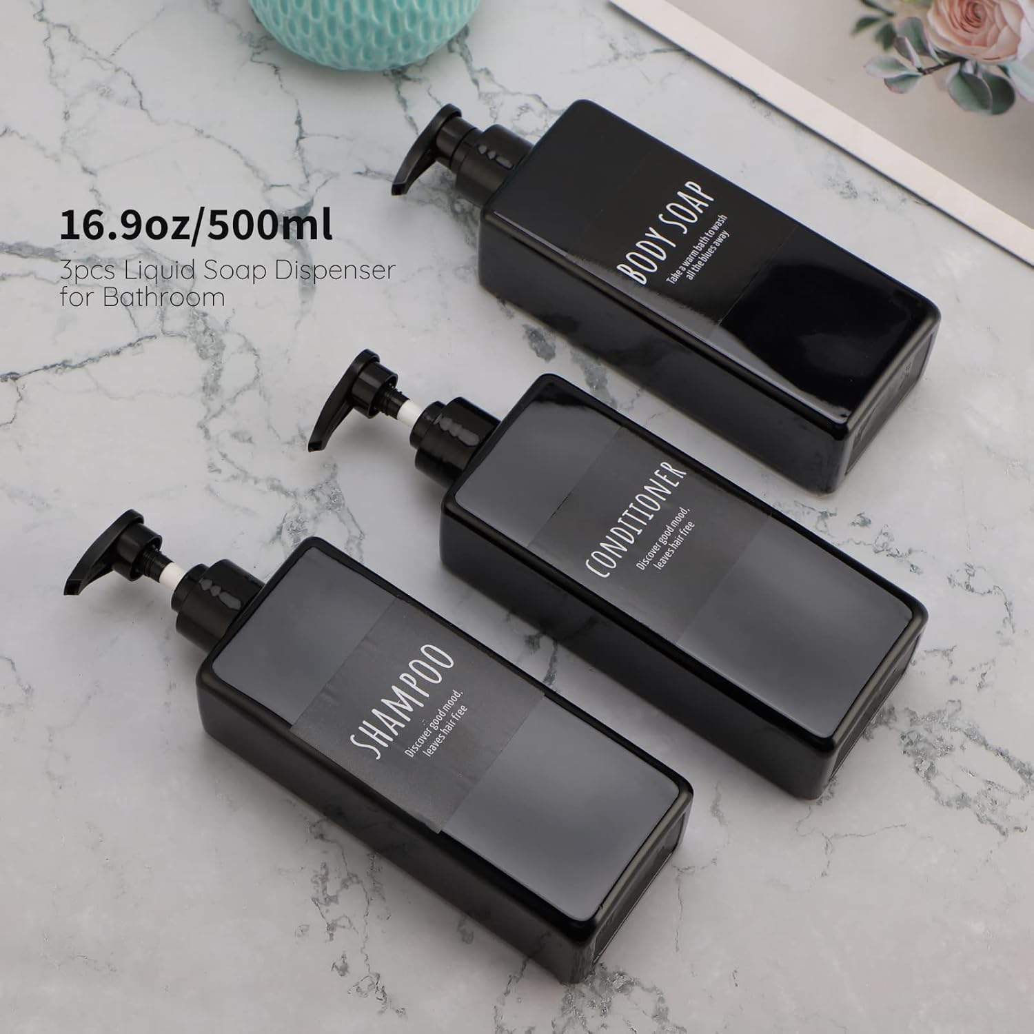 Segbeauty Shampoo and Conditioner Dispenser Refillable, 3pcs 16.9oz Shower Bottles Soap Dispenser with Labels, 500ml Empty Plastic Square Pump Bottle Dispenser Body Wash Containers for Bathroom Black - Image 2