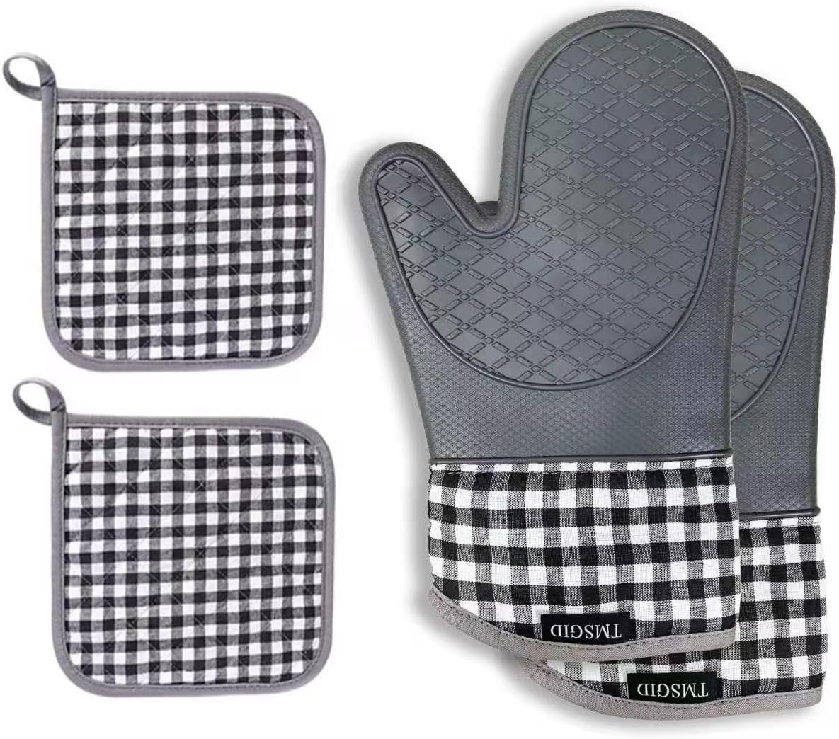 Oven Mitts and Pot Holders 4pcs Set, Kitchen Oven Gloves, Heat-Resistant Baking Gloves, Non Slip Silicone Gloves for Cooking and Barbecue (Gray)