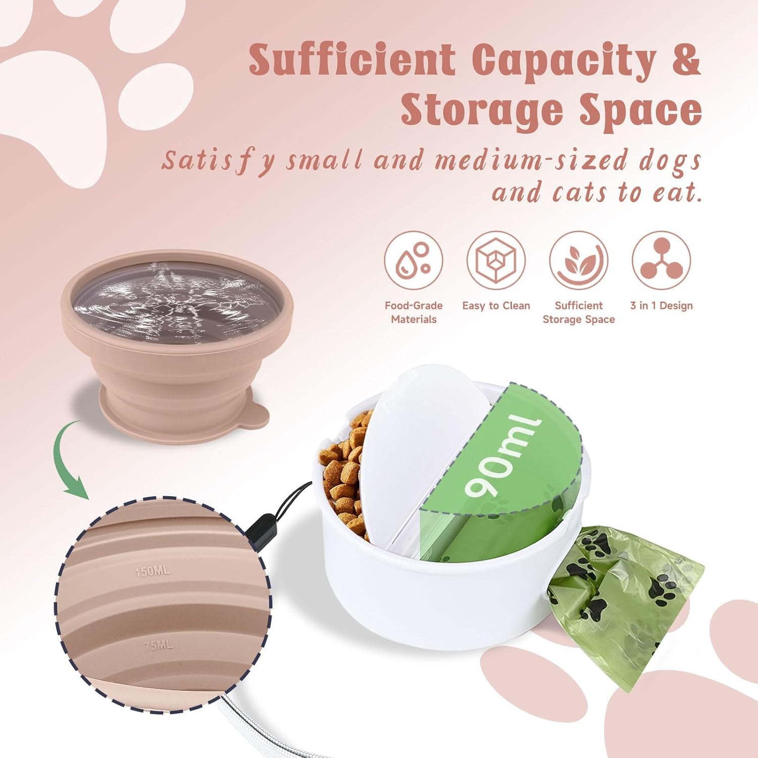 Tazweeq Collapsible Travel Dog Bowl with Lid, 3 in 1 Portable Silicone Dog Food and Water Bowl with 3 Poop Bags, Folding Pet Food Container for Puppy, Cat - Image 3