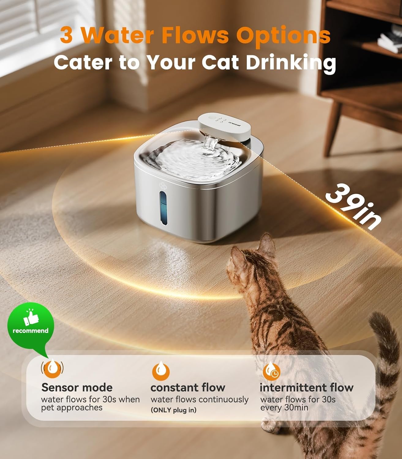 oneisall Wireless Cat Water Fountain, 3.5L/118oz Battery Operated Pet Drinking Fountain Stainless Steel, Running Water Dispenser Fountains for Cats, Cordless & Rechargeable with Motion Sensor - Image 4