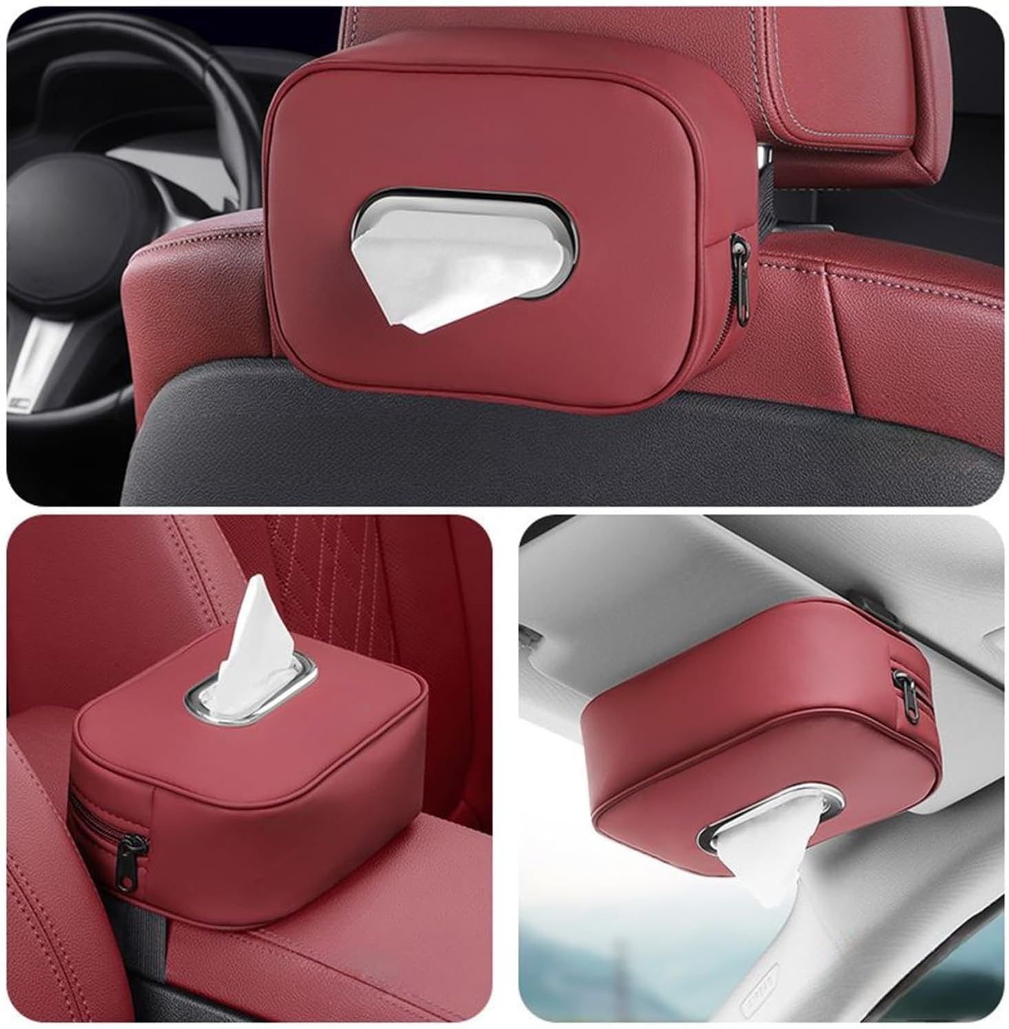 Car Tissue Box Holder with Adjustable Strap Compatible with BYD Leopard 5/8 Accessories, Electroplated Opening, Premium Leather Napkin Storage Box (Black) - Image 6