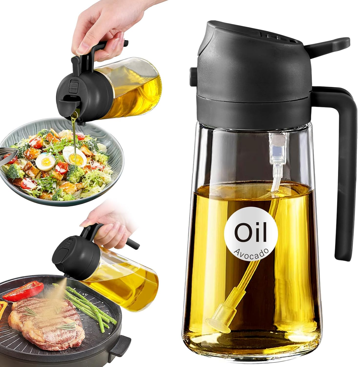 YARRAMATE Olive Oil Dispenser Bottle for Kitchen,2 in 1 Oil Sprayer for Cooking, 16oz/470ml Glass Oil Spray Bottle with Pourer, Food-grade Oil Mister for Air Fryer, Salad (02 Black)