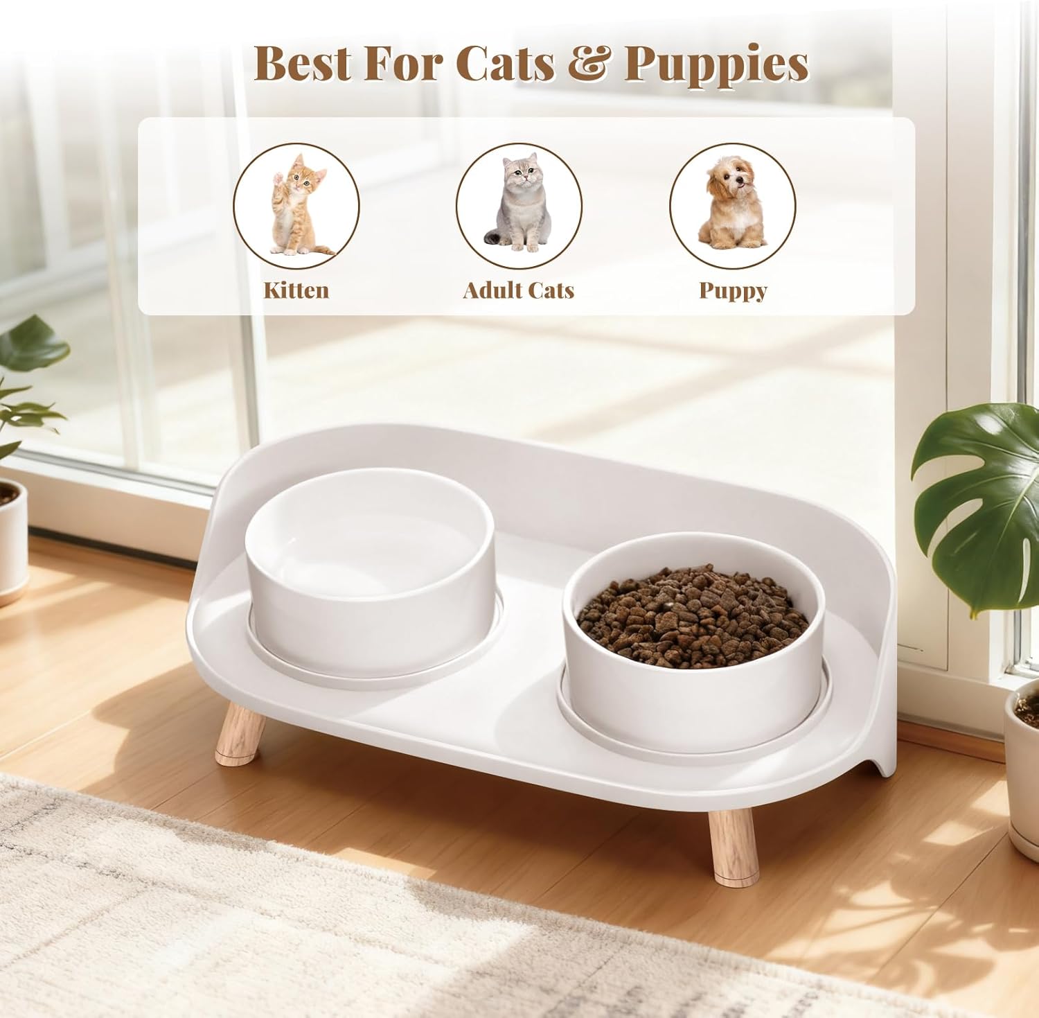 Elevated Cat Food Bowl, Raised Cat Bowls, Cat Plates with Ceramic Bowl for Food & Water, Dog Bowl Feeding Station 45° Tilt Stand with Splash Guard Cat Dishes, Pet Food Dispenser, Pet Bowls - Image 3