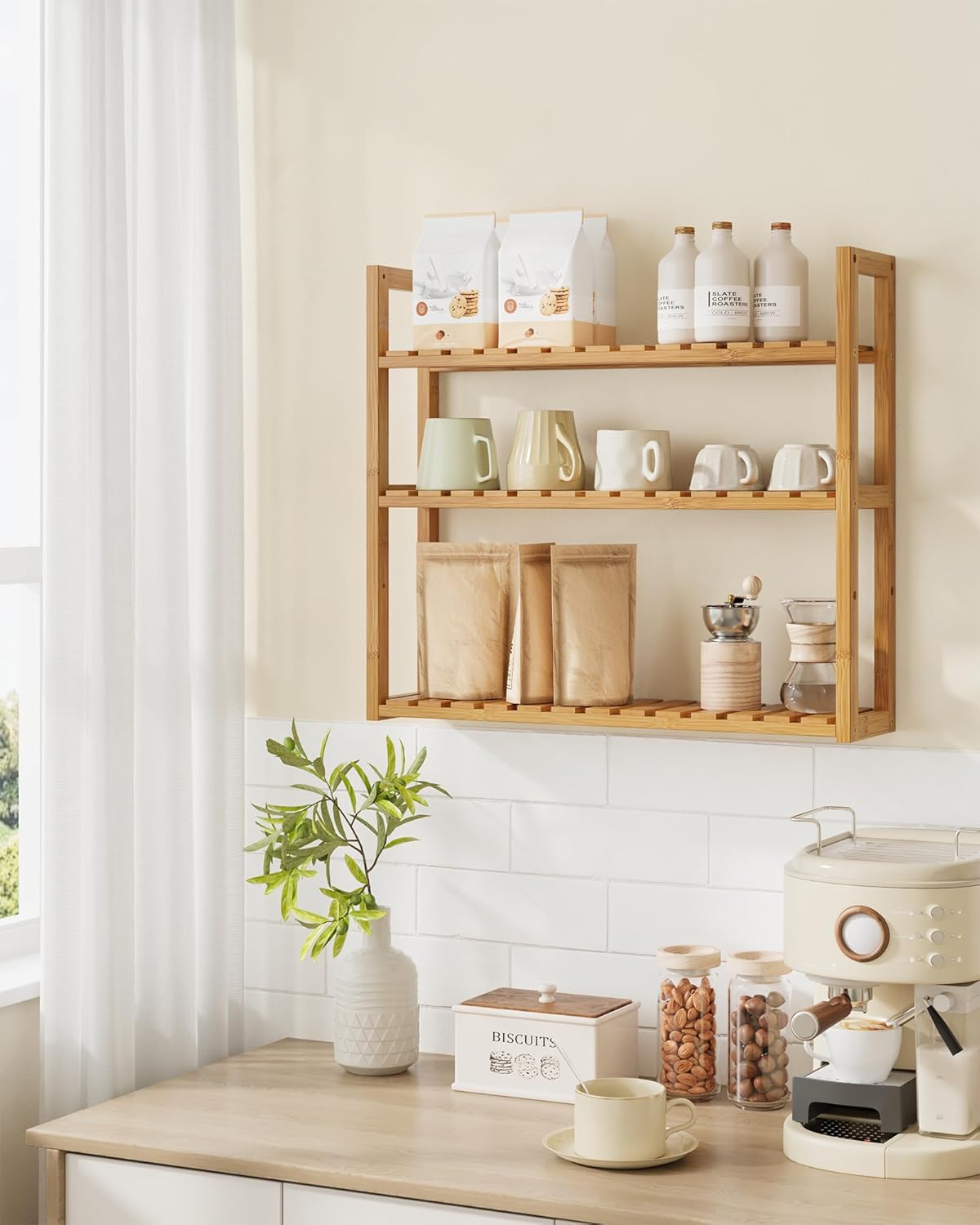 SONGMICS bamboo bathroom shelves, 3-Tier Adjustable Layer Rack, Bathroom Towel Shelf, Utility Storage Shelf Rack, Wall Mounted Organizer shelf, For Bathroom Kitchen Living Room Holder Natural UBCB13Y - Image 2