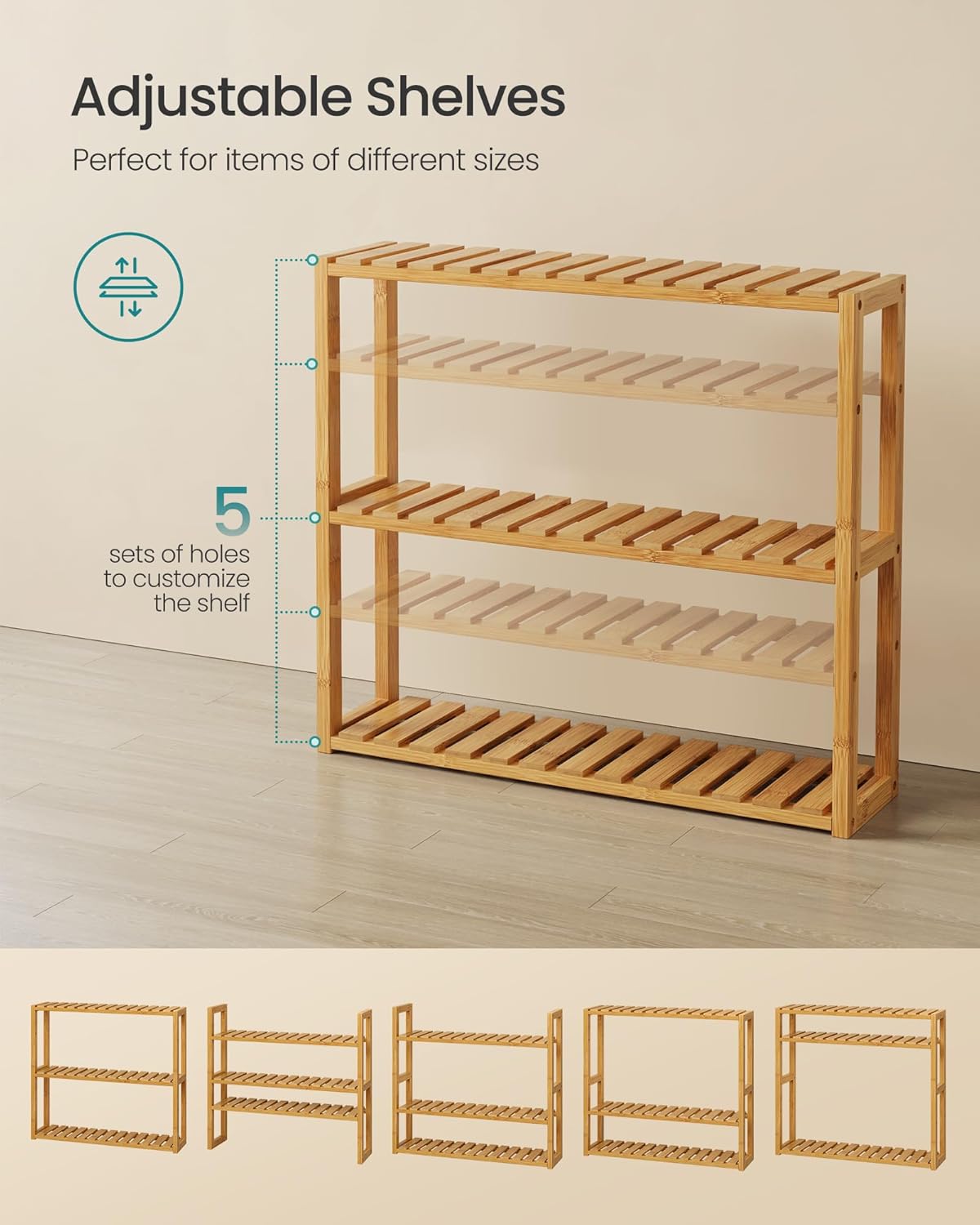 SONGMICS bamboo bathroom shelves, 3-Tier Adjustable Layer Rack, Bathroom Towel Shelf, Utility Storage Shelf Rack, Wall Mounted Organizer shelf, For Bathroom Kitchen Living Room Holder Natural UBCB13Y - Image 6