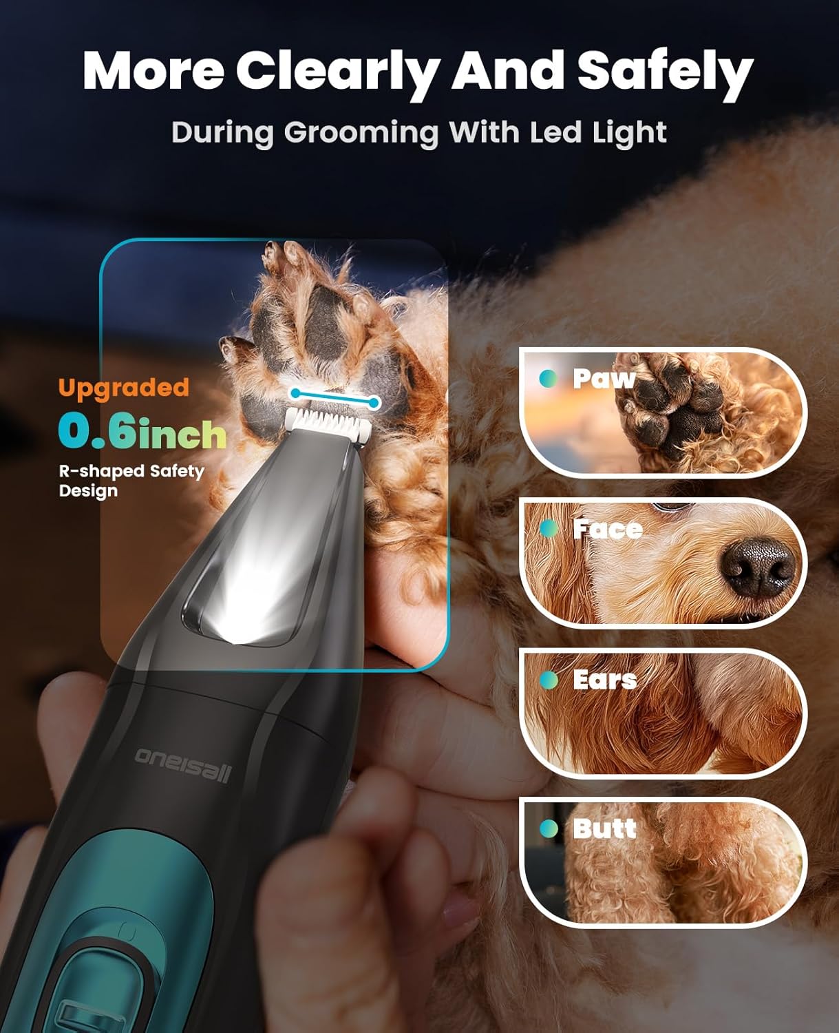 oneisall Professional Dog Grooming Kit at Home: All-in-One Quiet Clippers & Nail Grinder with LED Light, 2000mAh Cordless Dog Shaver, Safe Poodle Grooming Kit for Paws, Face, Ears & Body - Image 4