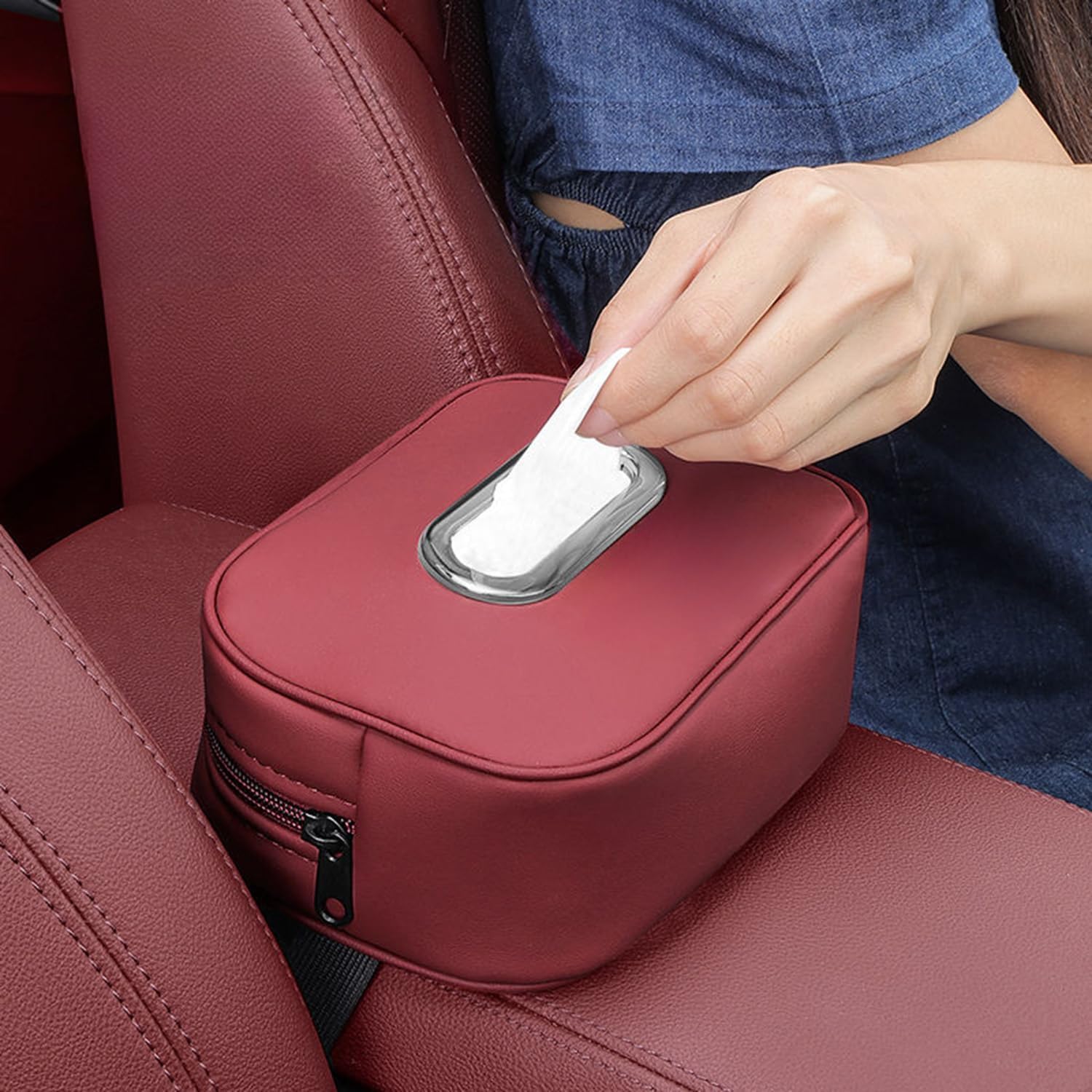 Car Tissue Box Holder with Adjustable Strap Compatible with BYD Leopard 5/8 Accessories, Electroplated Opening, Premium Leather Napkin Storage Box (Black) - Image 7