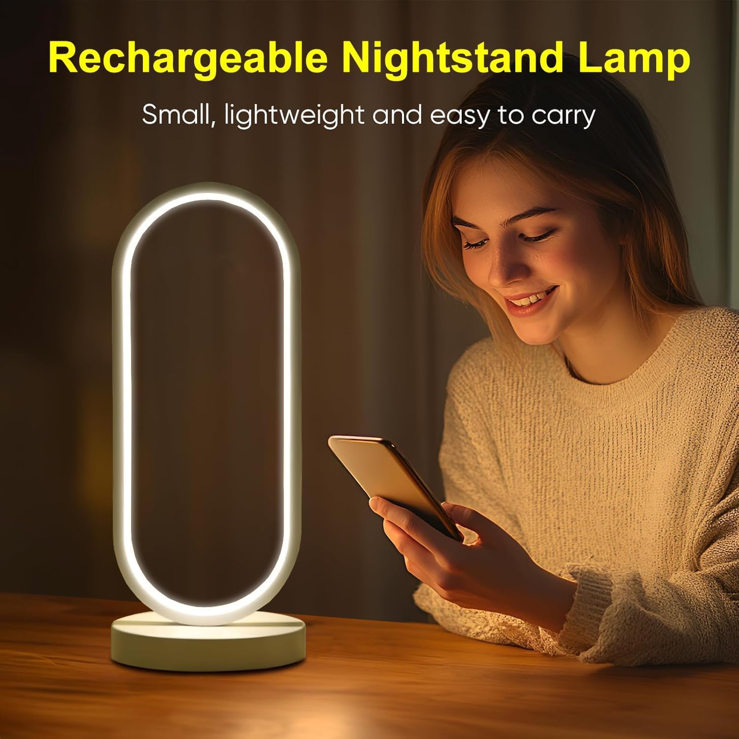 Modern Bedside Table Lamp, Led Oval Nightstand Light, Rechargeable Dimmable Nightstand Lamp, 3 Color Temperatures and 10 Brightness Levels Desk Lamp for Living Room, Bedroom Home Decoration - Image 2