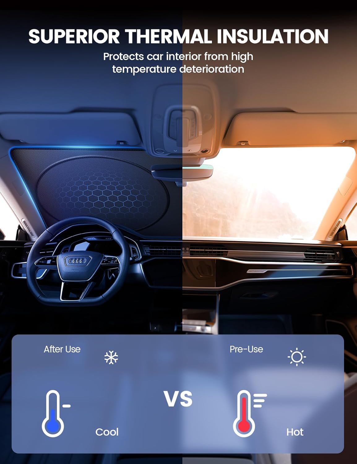 Lamicall Car Windshield Sun Shade – 64"L x 34"W, 4-Layer Reflective 240T Sun & UV Reflective Windshield Cover Sun Shade | Easy Install, FoldableWindshield Cover for Medium Sedan, SUV - Image 3