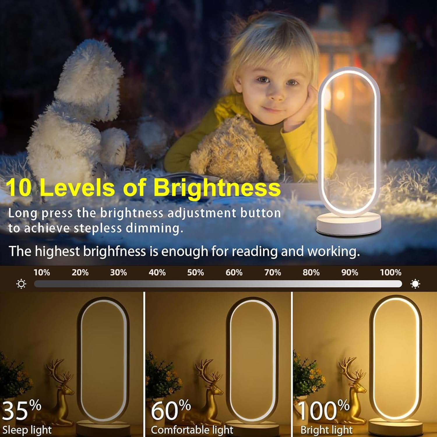 Modern Bedside Table Lamp, Led Oval Nightstand Light, Rechargeable Dimmable Nightstand Lamp, 3 Color Temperatures and 10 Brightness Levels Desk Lamp for Living Room, Bedroom Home Decoration - Image 3