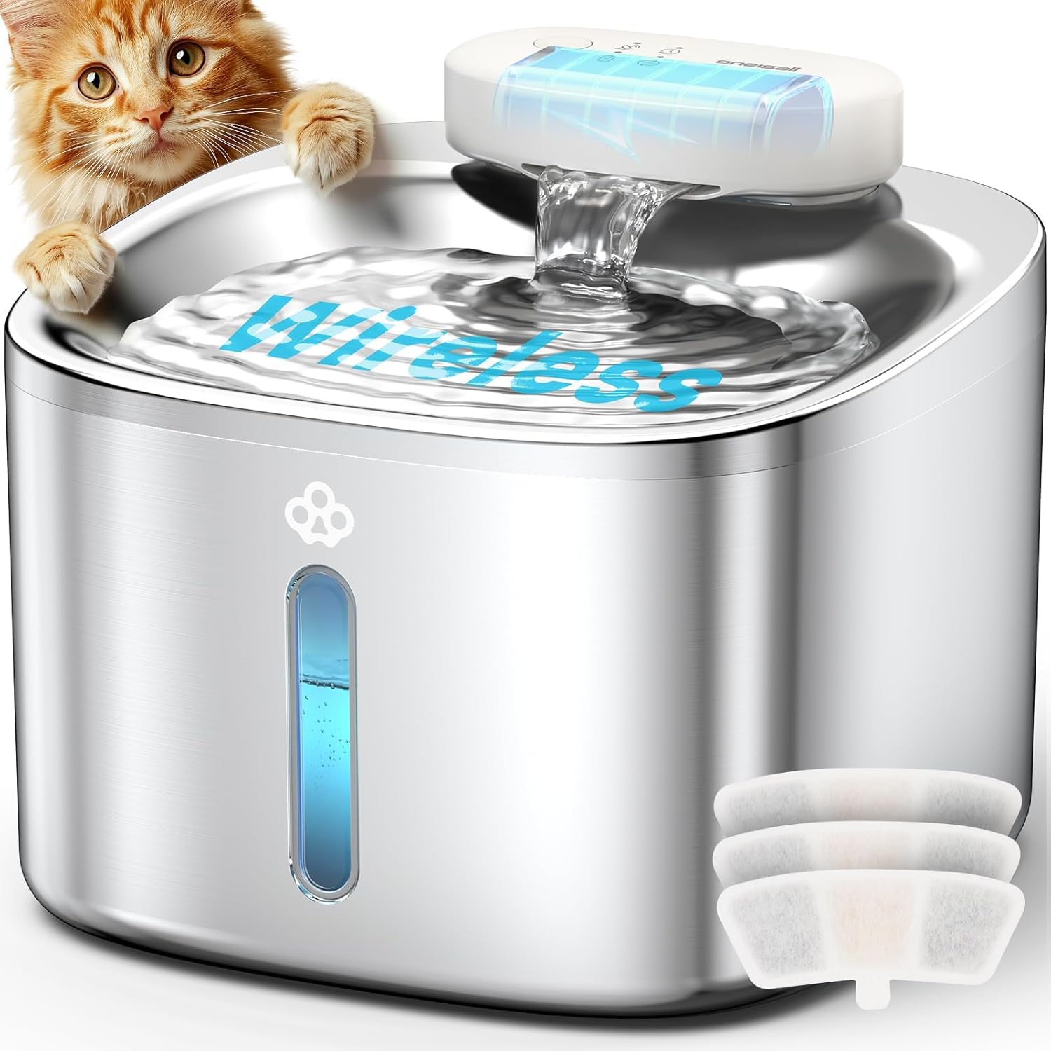 oneisall Wireless Cat Water Fountain, 3.5L/118oz Battery Operated Pet Drinking Fountain Stainless Steel, Running Water Dispenser Fountains for Cats, Cordless & Rechargeable with Motion Sensor