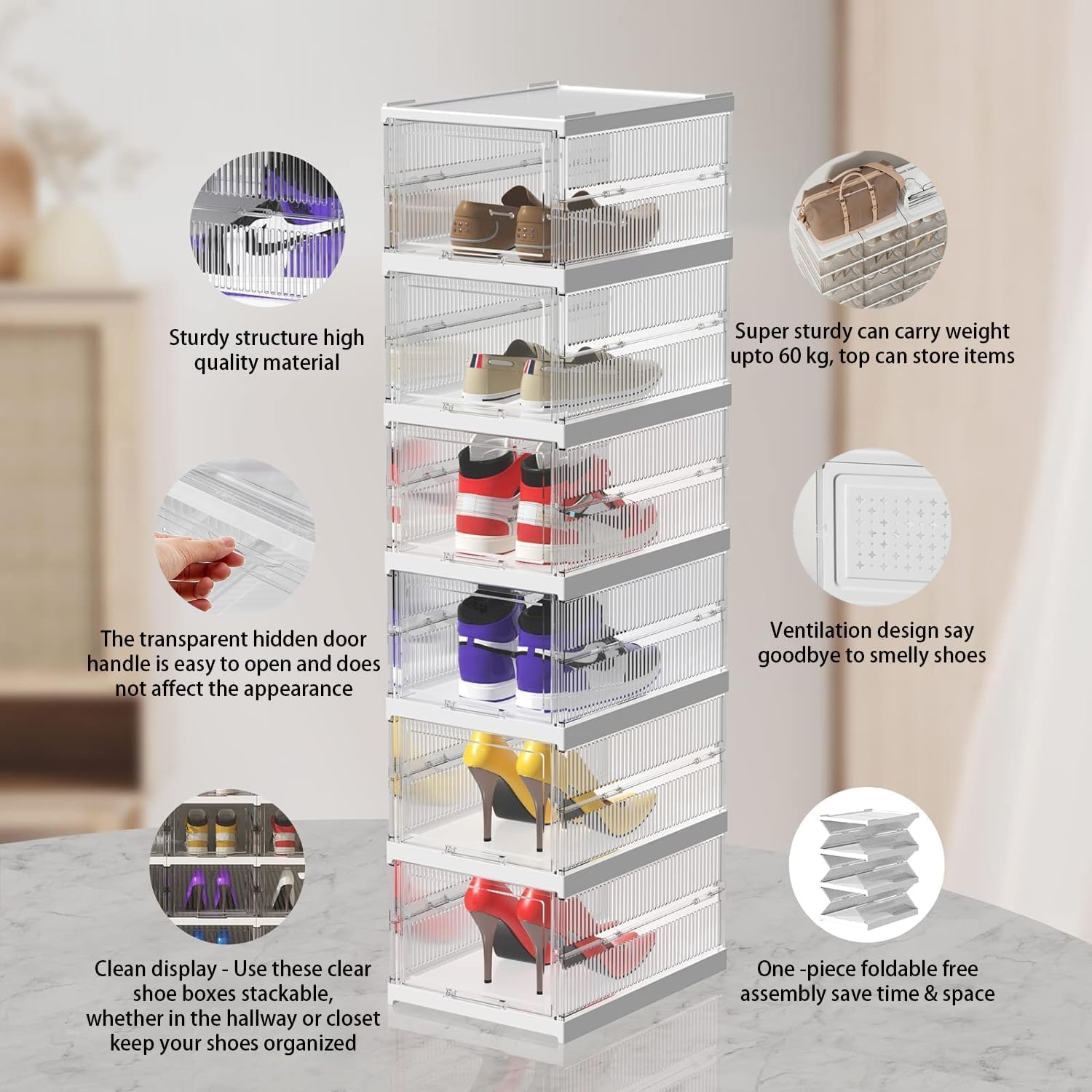 6 Tiers Clear Shoe Storage Boxes Organizers, Acrylic Foldable Collapsible Shoe Rack Organizer Box with Lid for Home Closet Entryway - Image 3