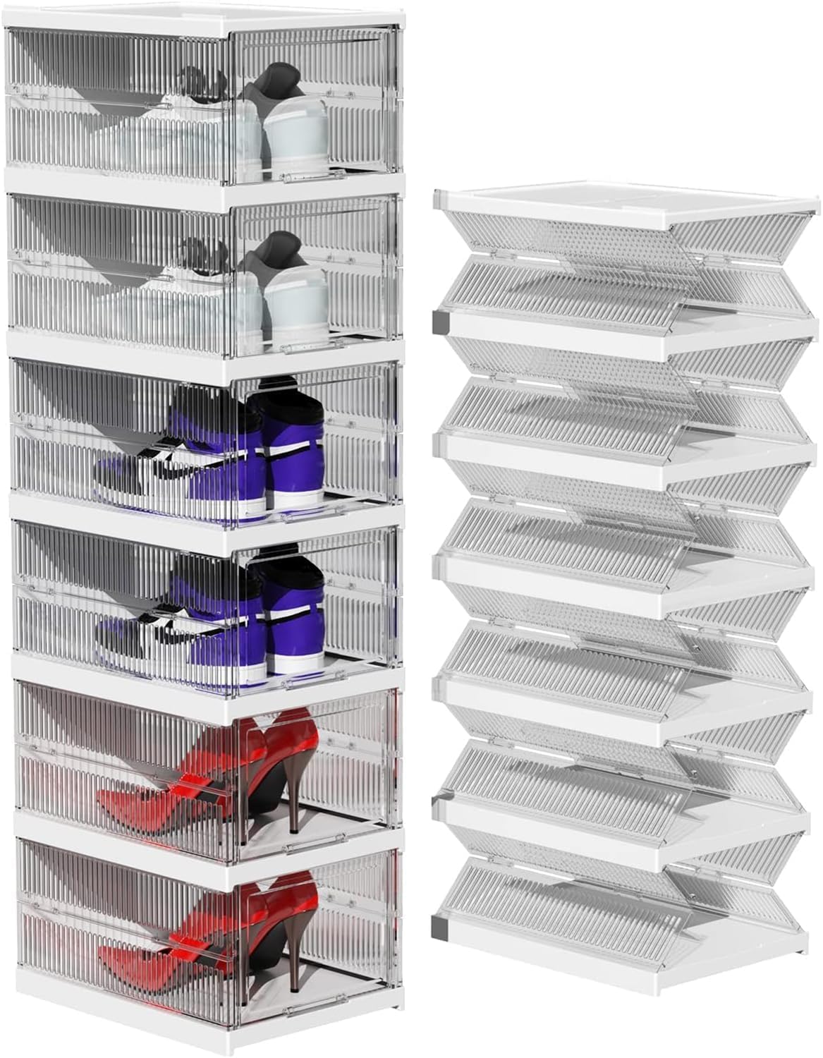 6 Tiers Clear Shoe Storage Boxes Organizers, Acrylic Foldable Collapsible Shoe Rack Organizer Box with Lid for Home Closet Entryway