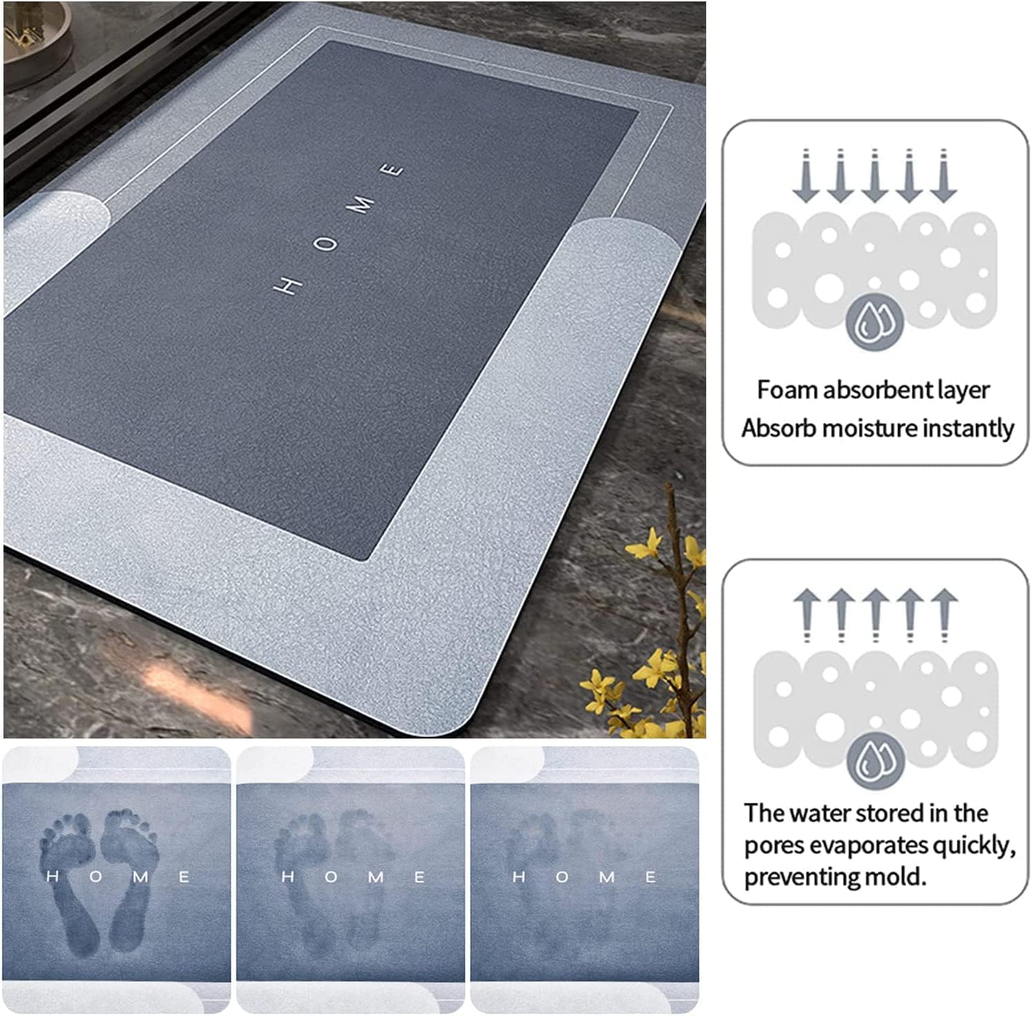 THMINS 60x90 cm Diatom Bathroom Mat, Non-Slip Long Bath Mat, Quick Drying, Super Absorbent, Easy Cleaning,Floor Mat, Door Mat,Used for Bathroom, Toilet, Kitchen Entrance(blue)…… - Image 7