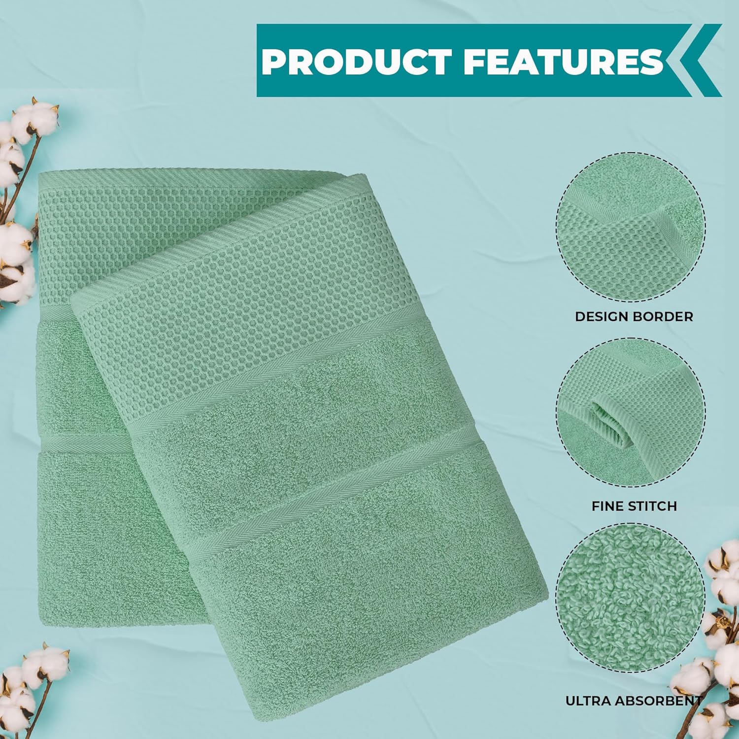 Rushmore Bath Towel Set, Pack 4 Towel Set (70 x 140 CM) Cotton, Honey Combed Ultra Soft and Highly Absorbent Quality Towels for Hotel, Spa and Bathroom. (Sea Green, Pack of 4) - Image 3