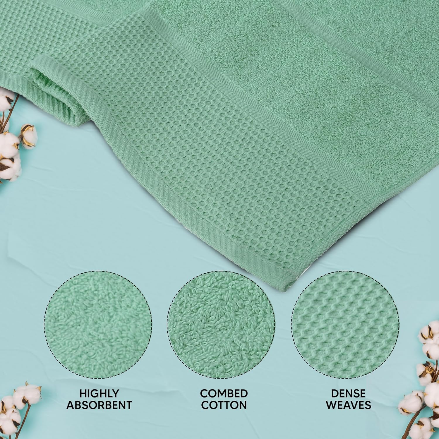 Rushmore Bath Towel Set, Pack 4 Towel Set (70 x 140 CM) Cotton, Honey Combed Ultra Soft and Highly Absorbent Quality Towels for Hotel, Spa and Bathroom. (Sea Green, Pack of 4) - Image 6