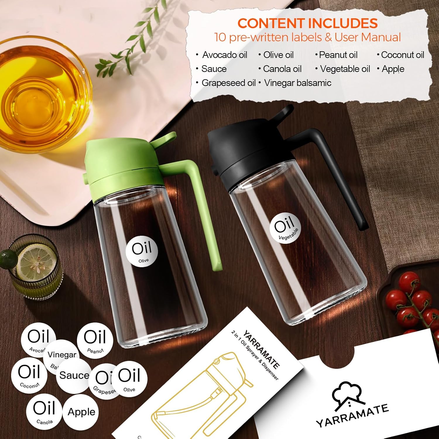 YARRAMATE Olive Oil Dispenser Bottle for Kitchen,2 in 1 Oil Sprayer for Cooking, 16oz/470ml Glass Oil Spray Bottle with Pourer, Food-grade Oil Mister for Air Fryer, Salad (02 Black) - Image 2