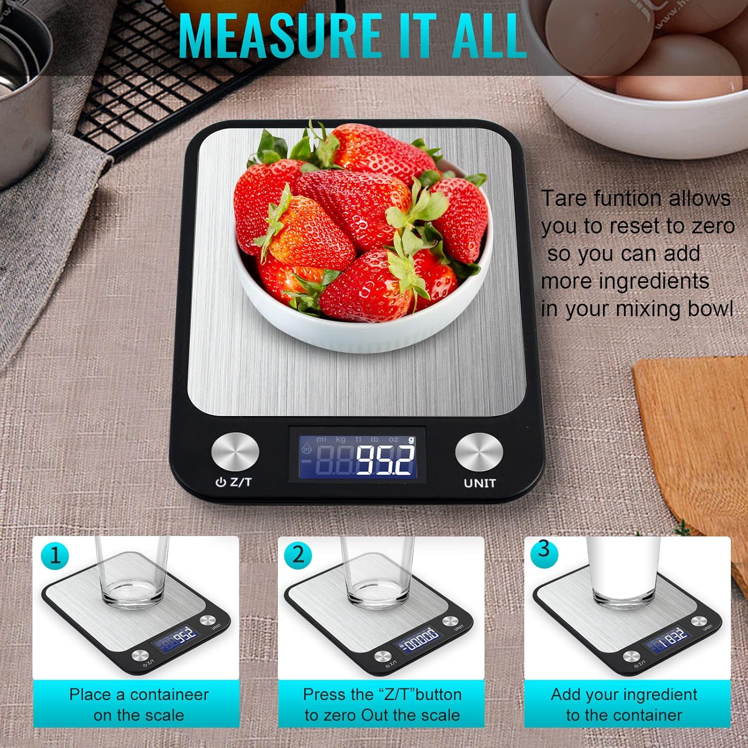 SKY-TOUCH Digital Kitchen Scale Multifunction Food Scale, Touch Button, Ultra Slim with Large LCD Display, 11lb/5kg, 22lb/5kg, Stainless Steel (Batteries Included) (10000g/1g) - Image 3
