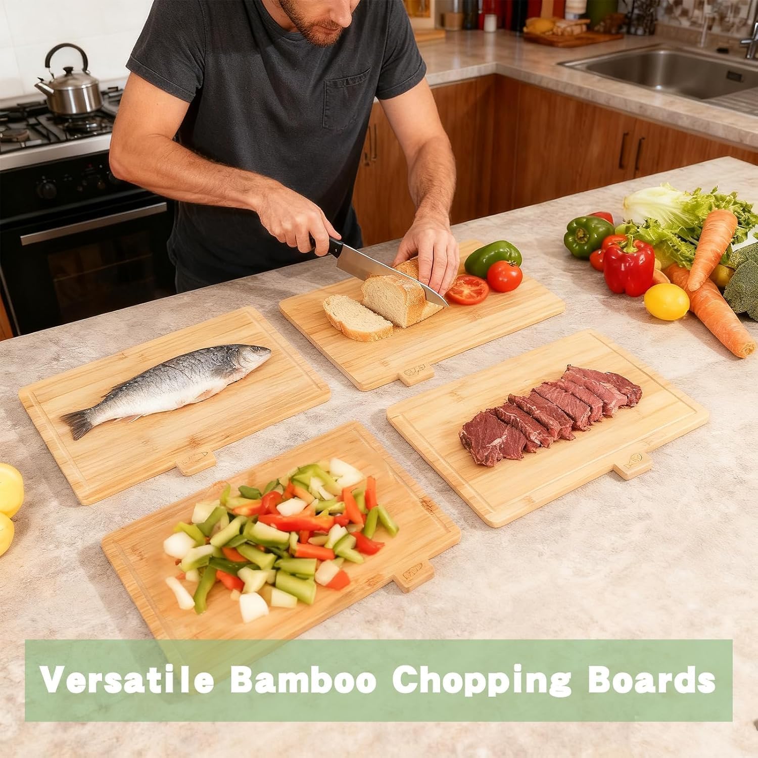 Bamboo Cutting Board Set of 4, Wooden Chopping Board with Storage Holder, 32x22cm Chopping Boards Set with Food Icons for Meat, Fish, Bread, Vegetable, Fruit Chopping - Image 6