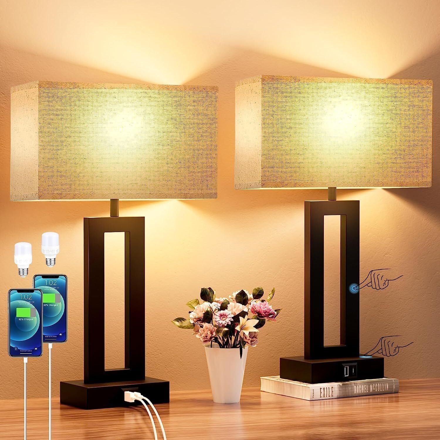 MOTIM Set of 2 Touch Control Table Lamp, 3-Way Dimmable Modern Nightstand Lamp Sets Bedside Touch Desk Lamp with Fabric Cream Shade for Bedroom Table Living Room Reading(No bulb included) - Image 2