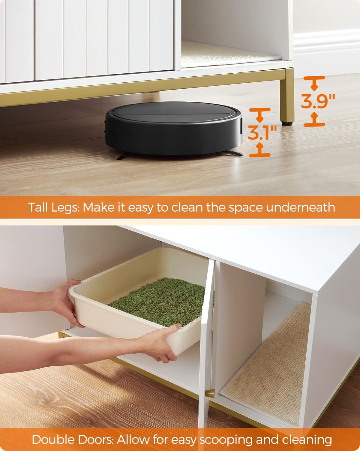 Feandrea Litter Box Enclosure, Modern Cat Litter Box Furniture Hidden, with Scratching Mat, Tall Legs, Cat House, Side End Table, 31.5 x 19.7 x 21.7 Inches, White and Gold UPCL007W01 - Image 6