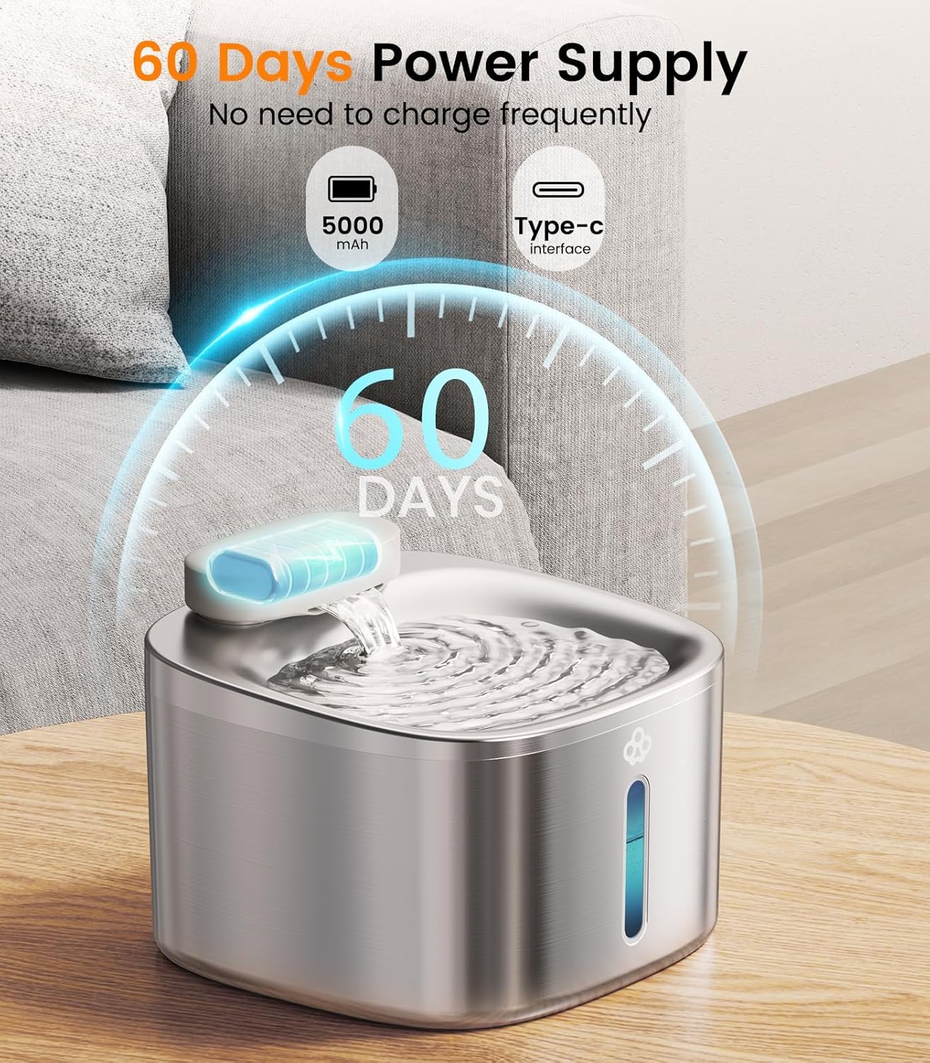 oneisall Wireless Cat Water Fountain, 3.5L/118oz Battery Operated Pet Drinking Fountain Stainless Steel, Running Water Dispenser Fountains for Cats, Cordless & Rechargeable with Motion Sensor - Image 5