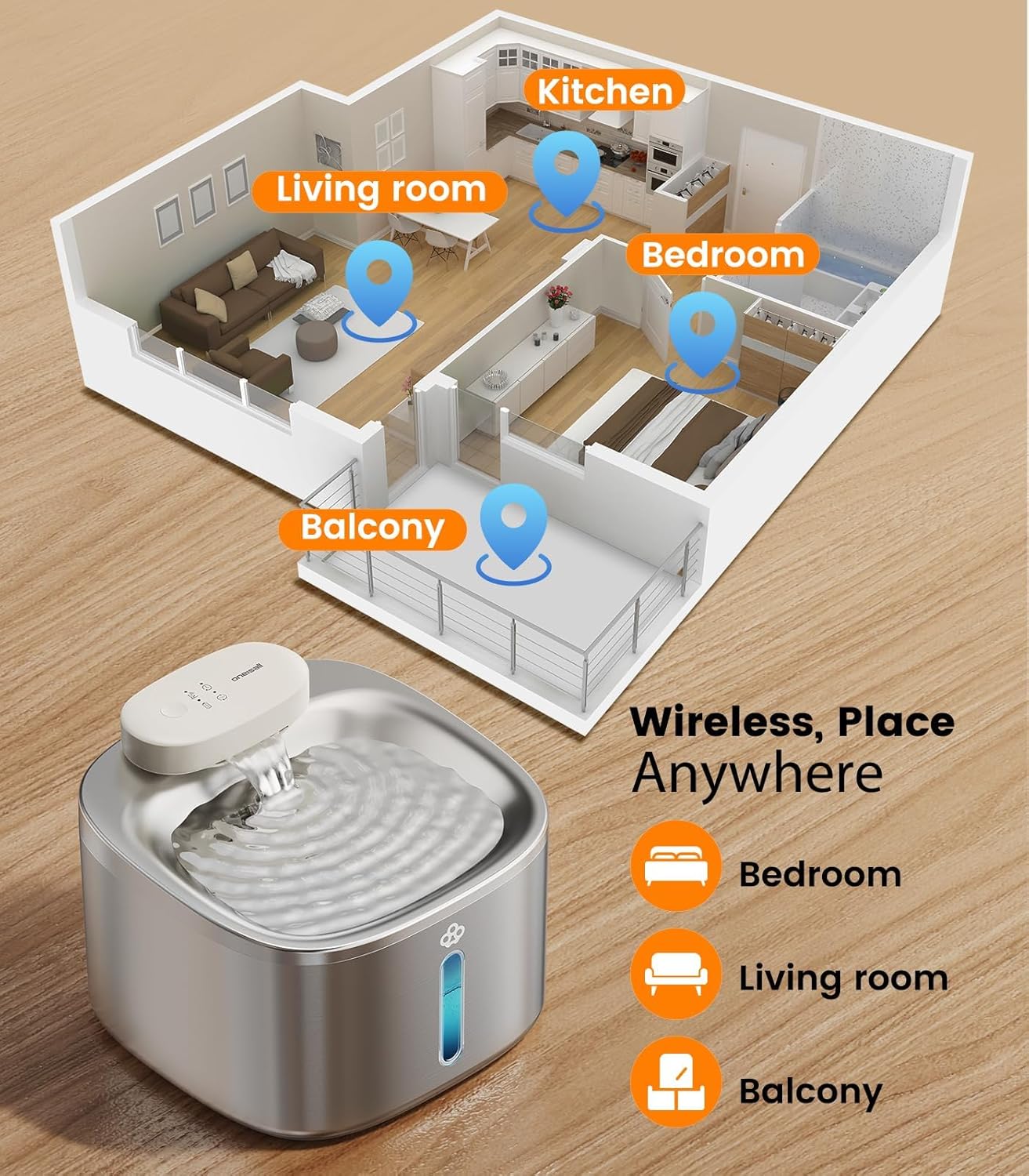 oneisall Wireless Cat Water Fountain, 3.5L/118oz Battery Operated Pet Drinking Fountain Stainless Steel, Running Water Dispenser Fountains for Cats, Cordless & Rechargeable with Motion Sensor - Image 8