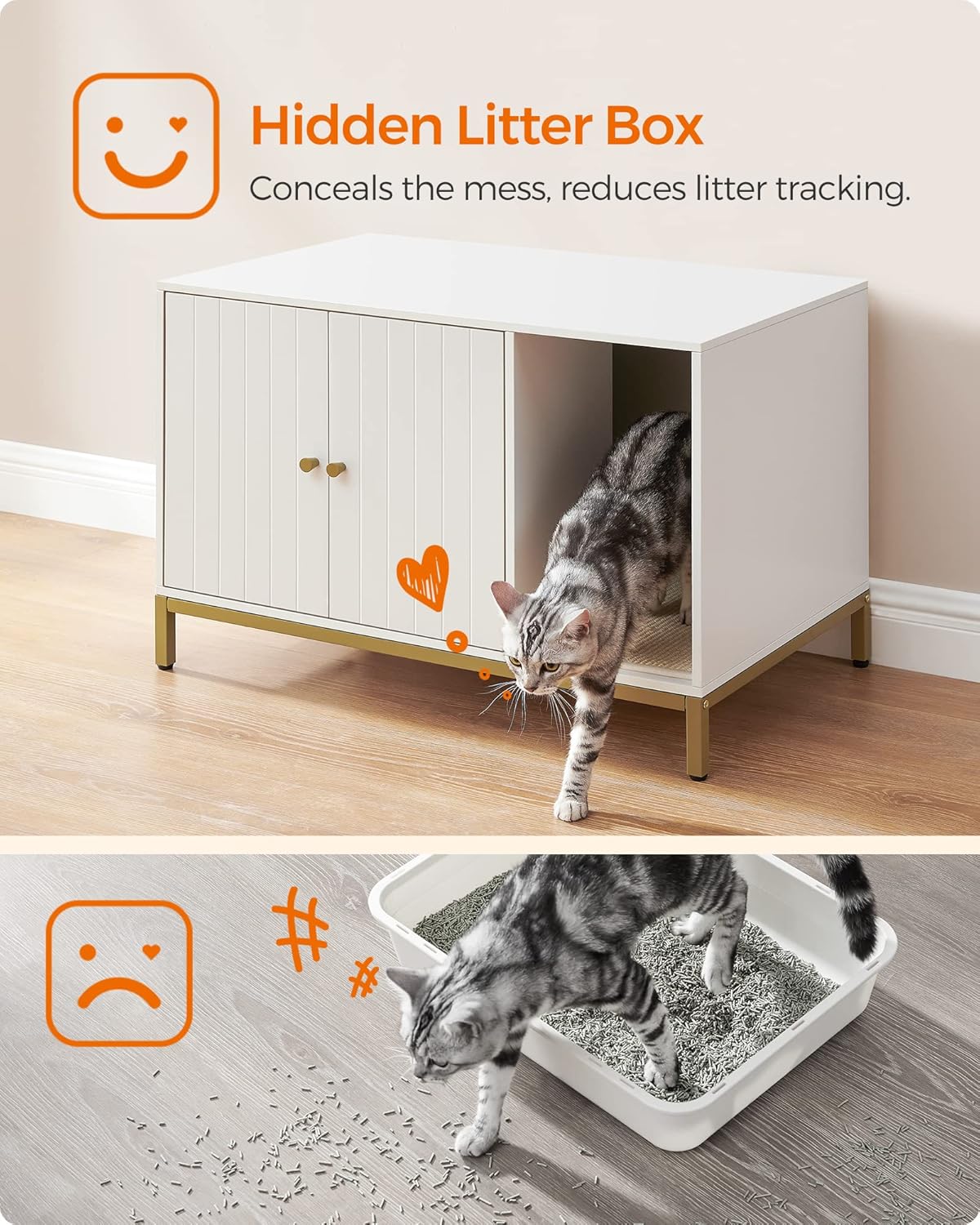 Feandrea Litter Box Enclosure, Modern Cat Litter Box Furniture Hidden, with Scratching Mat, Tall Legs, Cat House, Side End Table, 31.5 x 19.7 x 21.7 Inches, White and Gold UPCL007W01 - Image 8