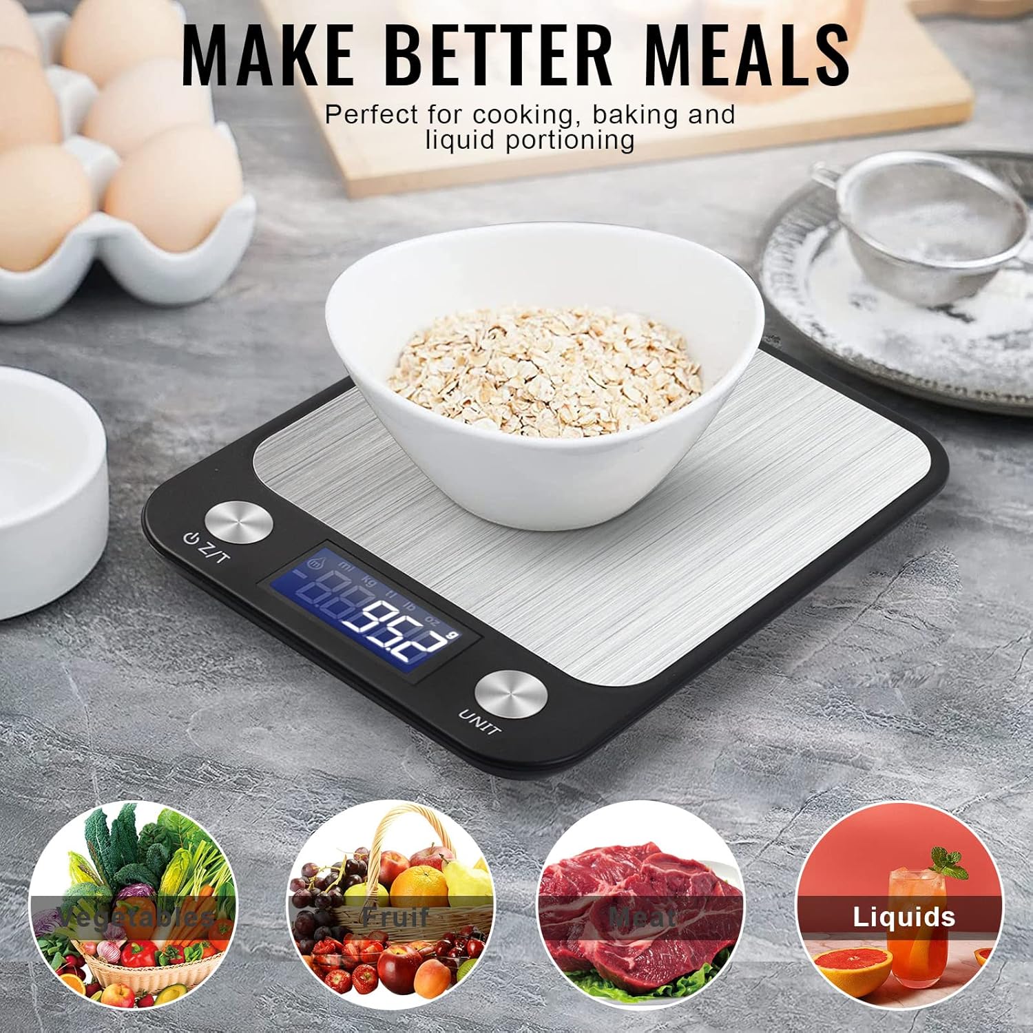 SKY-TOUCH Digital Kitchen Scale Multifunction Food Scale, Touch Button, Ultra Slim with Large LCD Display, 11lb/5kg, 22lb/5kg, Stainless Steel (Batteries Included) (10000g/1g) - Image 6