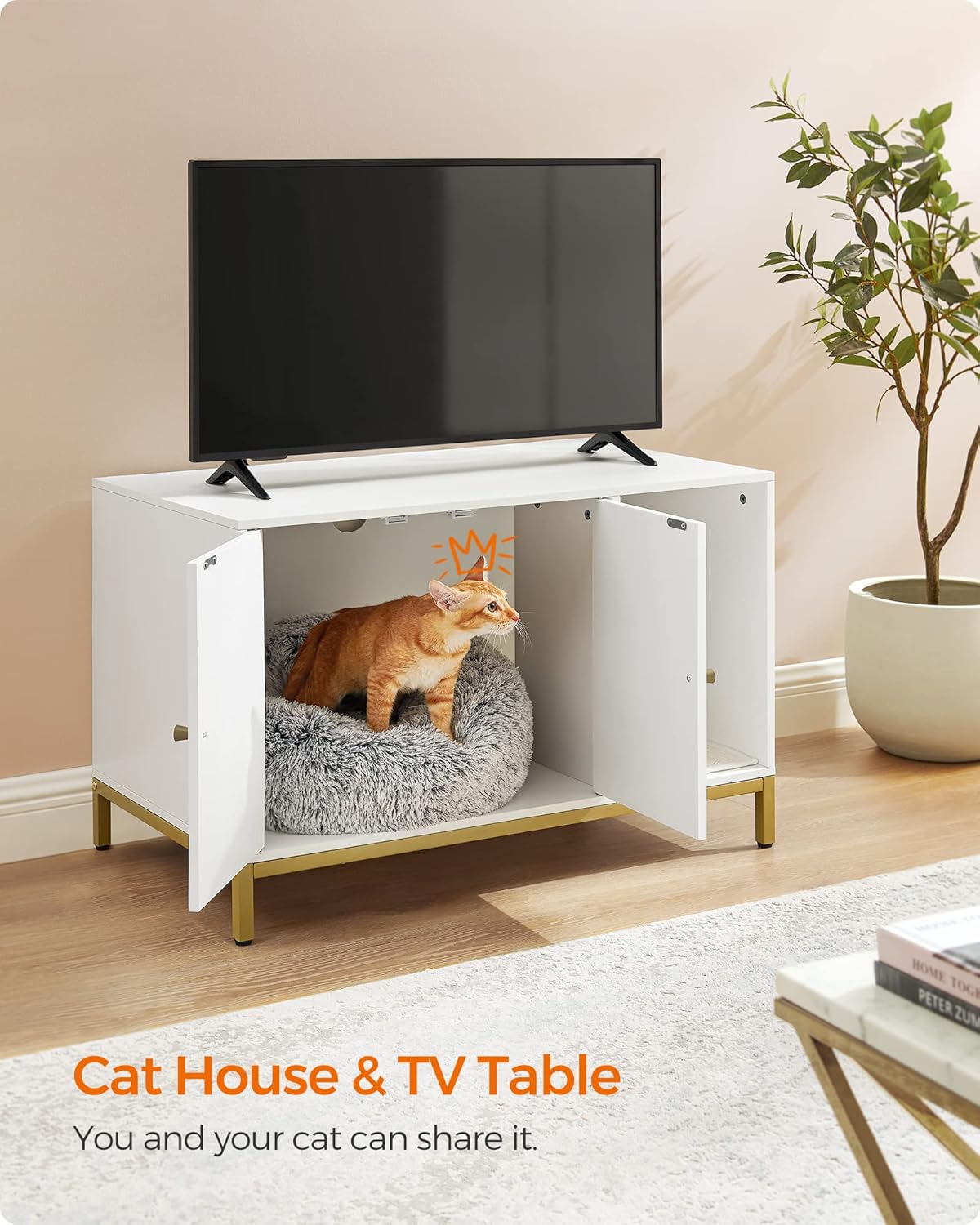 Feandrea Litter Box Enclosure, Modern Cat Litter Box Furniture Hidden, with Scratching Mat, Tall Legs, Cat House, Side End Table, 31.5 x 19.7 x 21.7 Inches, White and Gold UPCL007W01 - Image 7