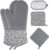 5-Piece Oven Mitts and Pot Holder Sets, Anti Slip Silicone Oven Gloves, Kitchen Gloves, Oven Mitts with Quilted Lining, Hot Pads for Kitchen Baking Cooking, Cleaning Cloth, Gray